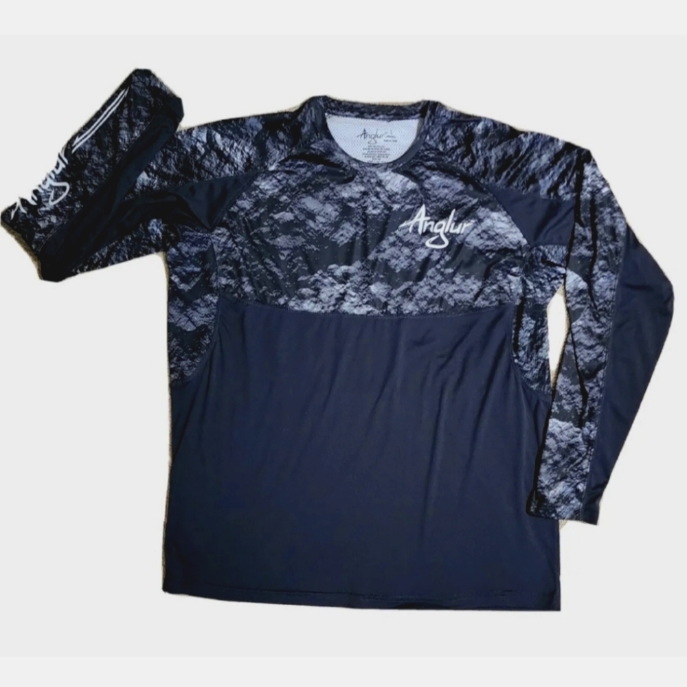 Anglur Fishing Shirt Mens Large Dark Phantom Slate Gray Camo Long Sleeve Vented